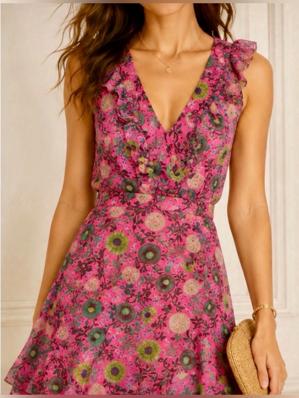 Saloni Anna Dress Silk Georgette Dress Pink Lotus Leaves Sz 2 US - MSRP $675 NWT